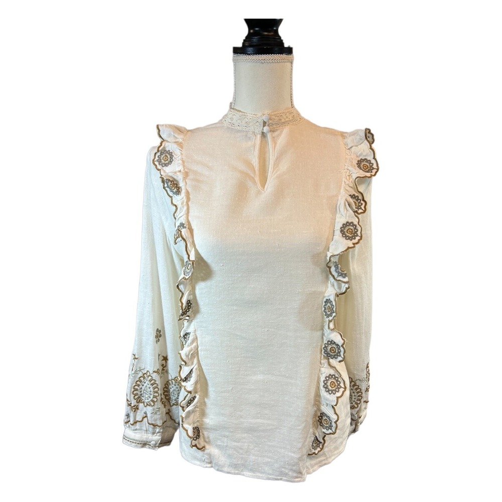 Zara Woman Cream Embroidered Ruffle Trim Long Sleeve Blouse Size S Feminine